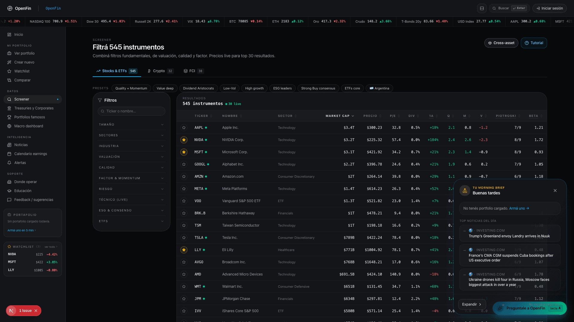 OpenFin screener con 900+ instrumentos y presets cuantitativos